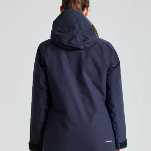 Person wearing a navy blue raincoat on a light gray background