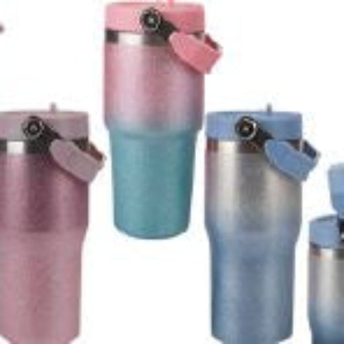 B&CO 30 oz Stainless Steel Tumbler with Flip Straw & Handle, Insulated Double Walled Water Bottle for Home, Office, Car, Leak Proof, Reusable Cup 2-in-1 Straw & Sip Lid GLITTER DESIGN