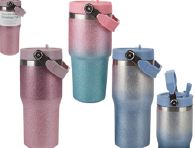 B&CO 30 oz Stainless Steel Tumbler with Flip Straw & Handle, Insulated Double Walled Water Bottle for Home, Office, Car, Leak Proof, Reusable Cup 2-in-1 Straw & Sip Lid GLITTER DESIGN