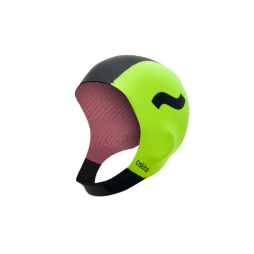 A pink and black C SKINS swim cap designed for open water swimming.