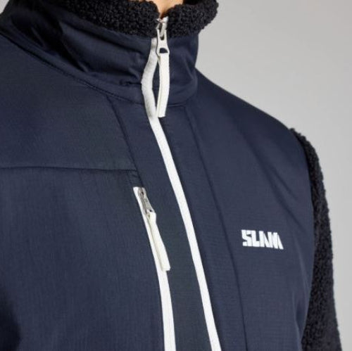 Navy jacket with white zipper and 'SLAM' logo on a gray background
