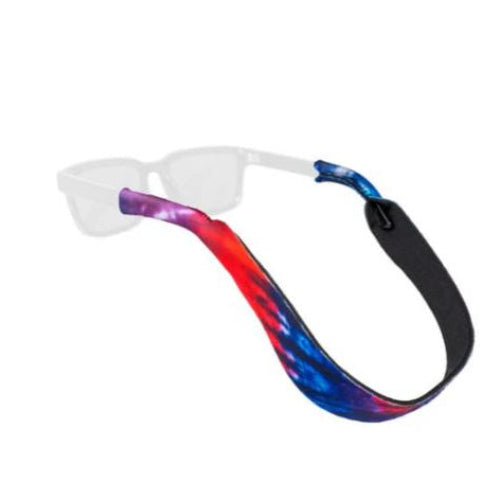 Sunglasses with a colorful strap on a white background
