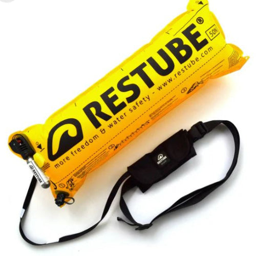 Yellow RESTUBE safety tube with black strap on a white background