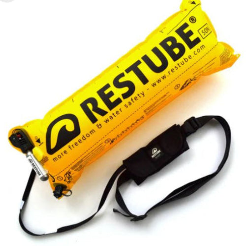 Yellow RESTUBE safety tube with black strap on a white background