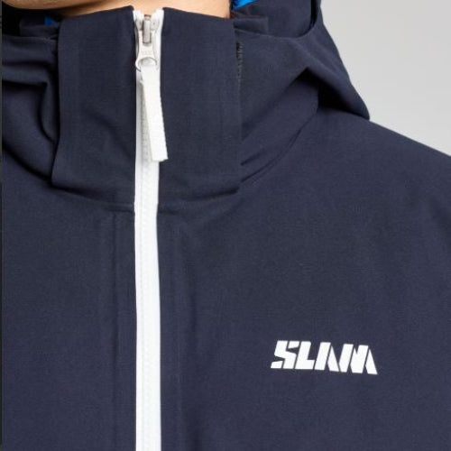 Navy blue jacket with white zipper and 'SLAM' logo on a gray background