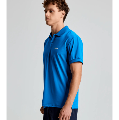 Sporty SLAM TECH PIQUÉ POLO EVO with 50+ UPF, antibacterial finish, and classic ribbed cuffs and collar.