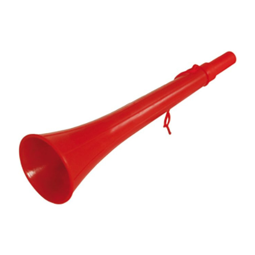 Red plastic fog horn for manual emergency use. Equipped with string for storage and wrist security during use.