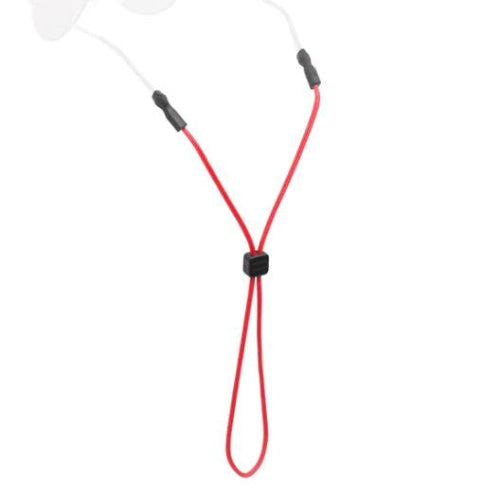Red lanyard with black ends on a white background
