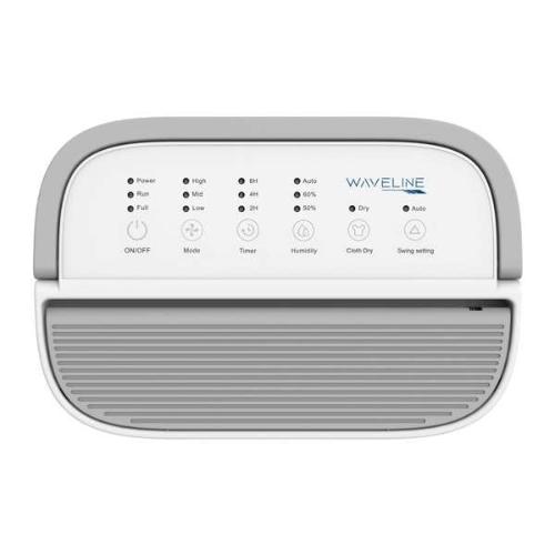 Displaying the 6 buttons on top of the dehumidifier, starting with the power button with 3 settings. Followed by buttons for its mode, timer and humidity each also with 3 settings. The final 2 buttons are for the clothes drying option and the fan swing setting that have just 1 option.