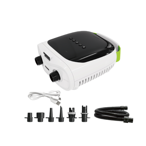 A Waveline rechargeable air pump with various nozzle attachments and a USB charging cable.