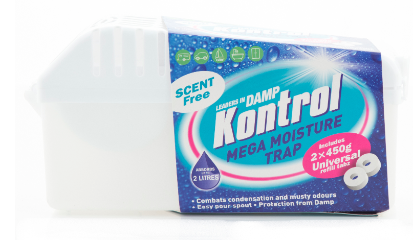Packaging of The Mega Moisture Trap by Kontrol, featuring the product's size (450g) and highlighting its scent-free, easy-to-use properties.