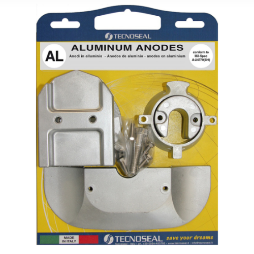 Packaging of Tecnoseal aluminum anode kit for boat maintenance displayed on a yellow background with the anodes visible through a cut-out window.