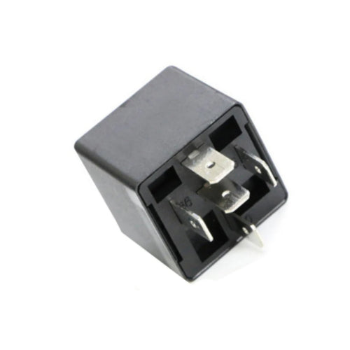 A black 12V 30/40A 5 pin change over mini relay with mounting bracket and 6.3mm blade terminals.