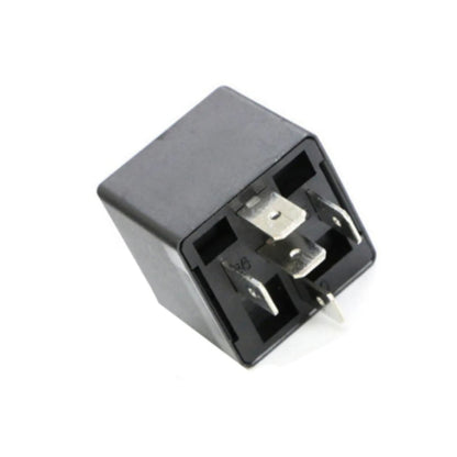 A black 12V 30/40A 5 pin change over mini relay with mounting bracket and 6.3mm blade terminals.