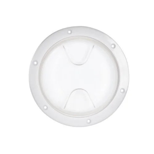 A circular white inspection hatch with a black latch.