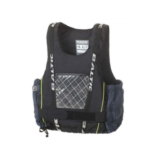 A black BALTIC branded buoyancy aid with a visible Mylar front pocket and adjustable waistband, designed for water sports.