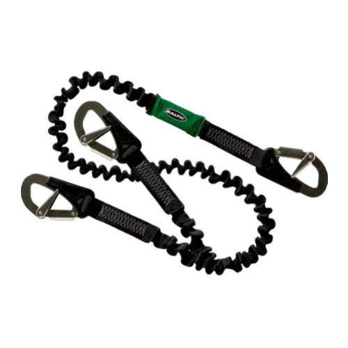 A black elastic safety line with three safety hooks and a green label indicating the brand.
