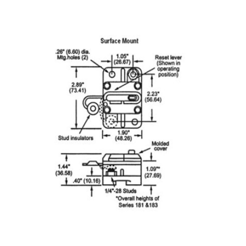 Technical drawing of a single pole thermal breaker with various dimensions and components labeled.