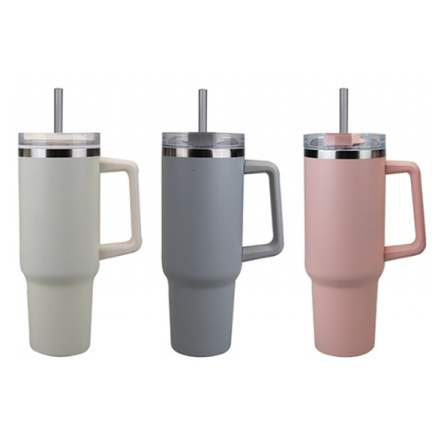 40oz Double walled drinking cup, with handle and plastic straw. Perfect for keeping cold drinks chilled. Available in pink, grey and cream.