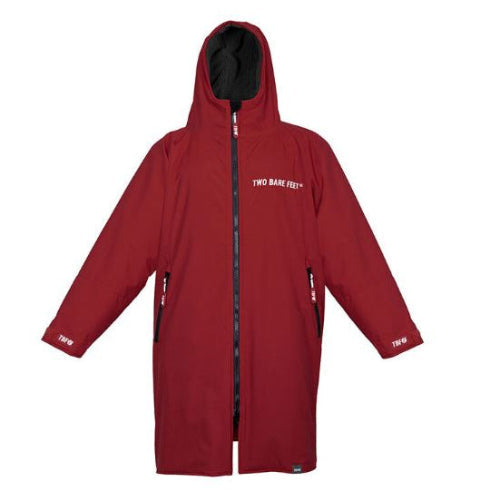 Red hooded jacket with 'Two Bare Feet' branding on a white background