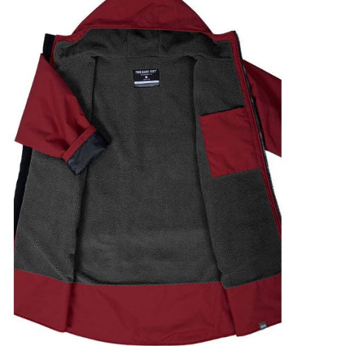 Red and gray jacket with a brand label on a white background