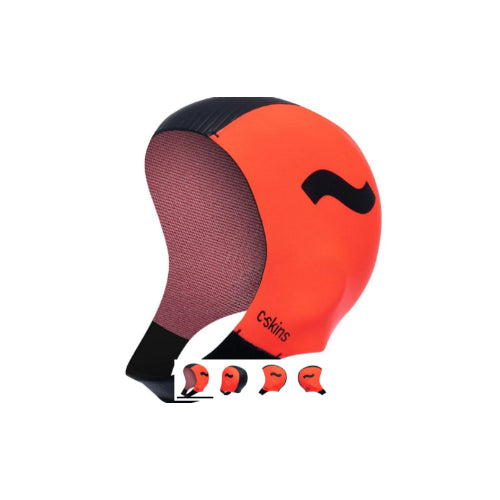A pink and black C SKINS swim cap designed for open water swimming.