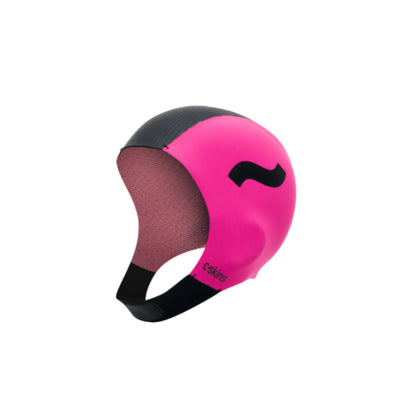 A pink and black C SKINS swim cap designed for open water swimming.