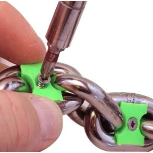 Close-up of Anchoright Anchor Chain Markers attached to anchor chain with patent-pending push-click guide plate