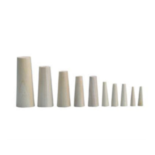 A set of white, wooden emergency bungs in varying sizes, displayed in a row.