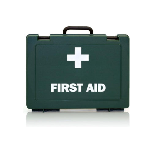 A green plastic first aid kit with a white cross logo and the text 'FIRST AID' on the front.