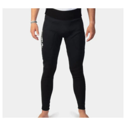 Black neoprene trousers designed for water sports, featuring a high waist and full length view on a male model.