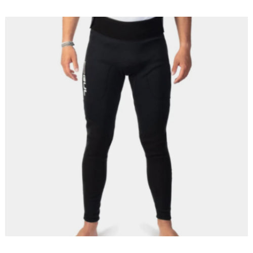 Black neoprene trousers designed for water sports, featuring a high waist and full length view on a male model.