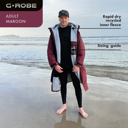 G.ROBE – ultimate recycled waterproof changing robe with rapid-dry fleece and dual side zips. Keeps you warm, dry, and comfortable for surfing or open-water swimming.