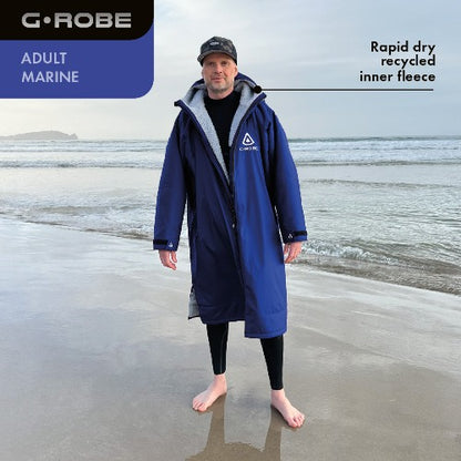 G.ROBE – versatile outdoor changing robe with 100% recycled waterproof outer layer and dual side zips. Keeps you warm, dry, and comfortable for surfing or open-water swimming.