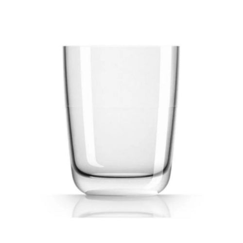 A clear highball glass with a white and blue non-slip base.