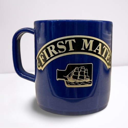 Royal Blue unbreakable mug, featuring black and gold accents of the words first mate and a ship in a bottle.