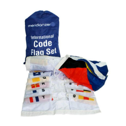 A set of colorful international code flags displayed in various pockets, with the Meridianizer brand logo on the top pocket, and a blue and white storage bag included.