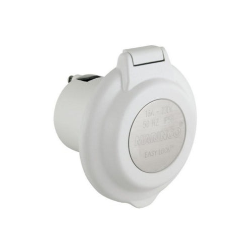 A white Marinco 16A 230V inlet with a contoured design and a safety enclosure, typically used for electrical power outlets.