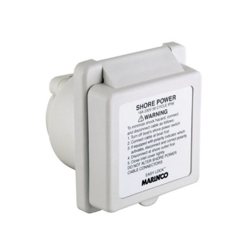 A white Marinco 16A 230V inlet with an 'EZ LOCK' system and enclosure.