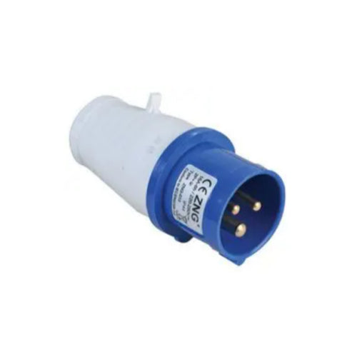 A white and blue 32amp power plug with an IP44 rating, designed for marine vehicles.