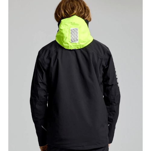 Marine performance jacket in black – SLAM Pro Coastal Jacket with fleece-lined collar, fully taped seams, breathable membrane, and sustainable materials.