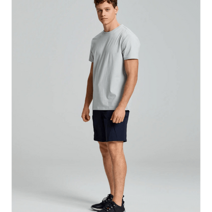 Navy SLAM Tech Cargo Shorts – durable marine shorts with elastic waistband, salt-resistant zip pockets, and water-repellent, wrinkle-free fabric