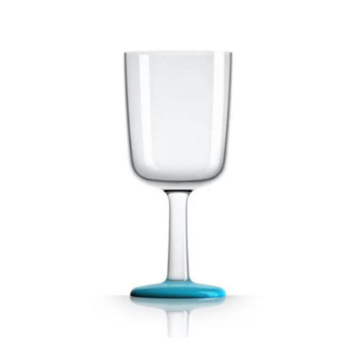 A clear glass with a blue non-slip base designed by Marc Newson.