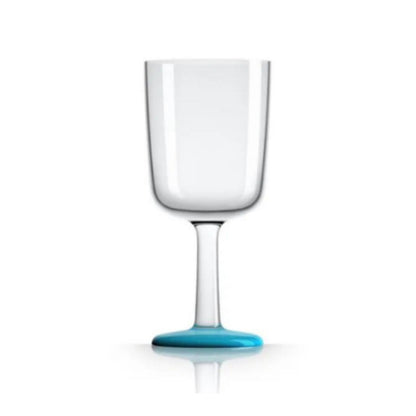 A clear glass with a blue non-slip base designed by Marc Newson.