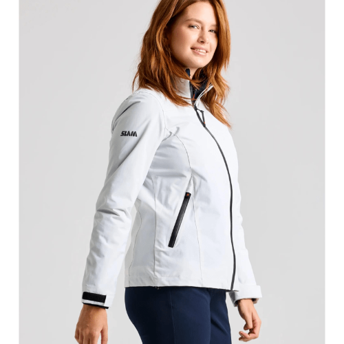 Off White SLAM Crew Women’s Jacket – high-visibility foldaway hood, PFC-free DWR, Thermocontrol technology, and durable YKK zippers.