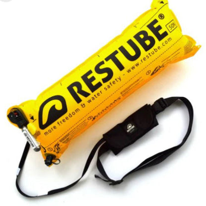 Yellow RESTUBE safety tube with black strap on a white background