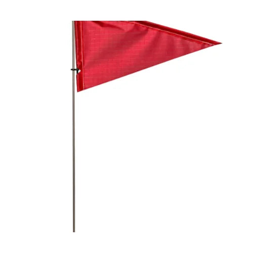 A red RWO Cruising Burgee with a stainless pivot staff, designed for watercraft use.