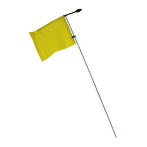 A yellow RWO Racing burgee with a black stainless pivot staff, designed for use on watercraft.