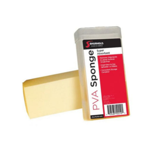 Shurhold PVA Marine Sponge in a yellowish color, packaged in a clear plastic container with a red and black label.