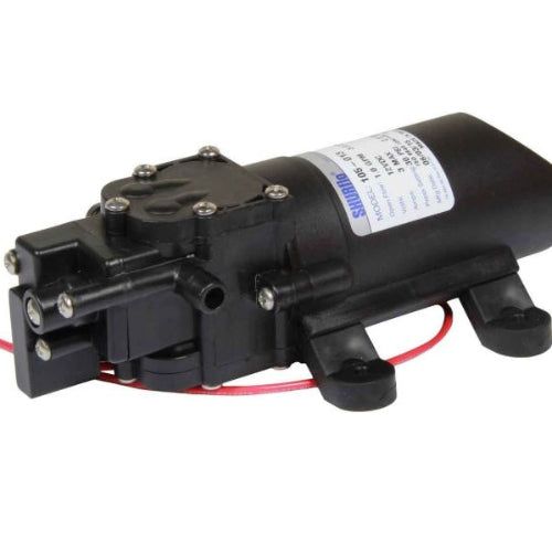 A black SHURflo Lo-Flo 105 fresh water pump with visible wiring and mounting points.